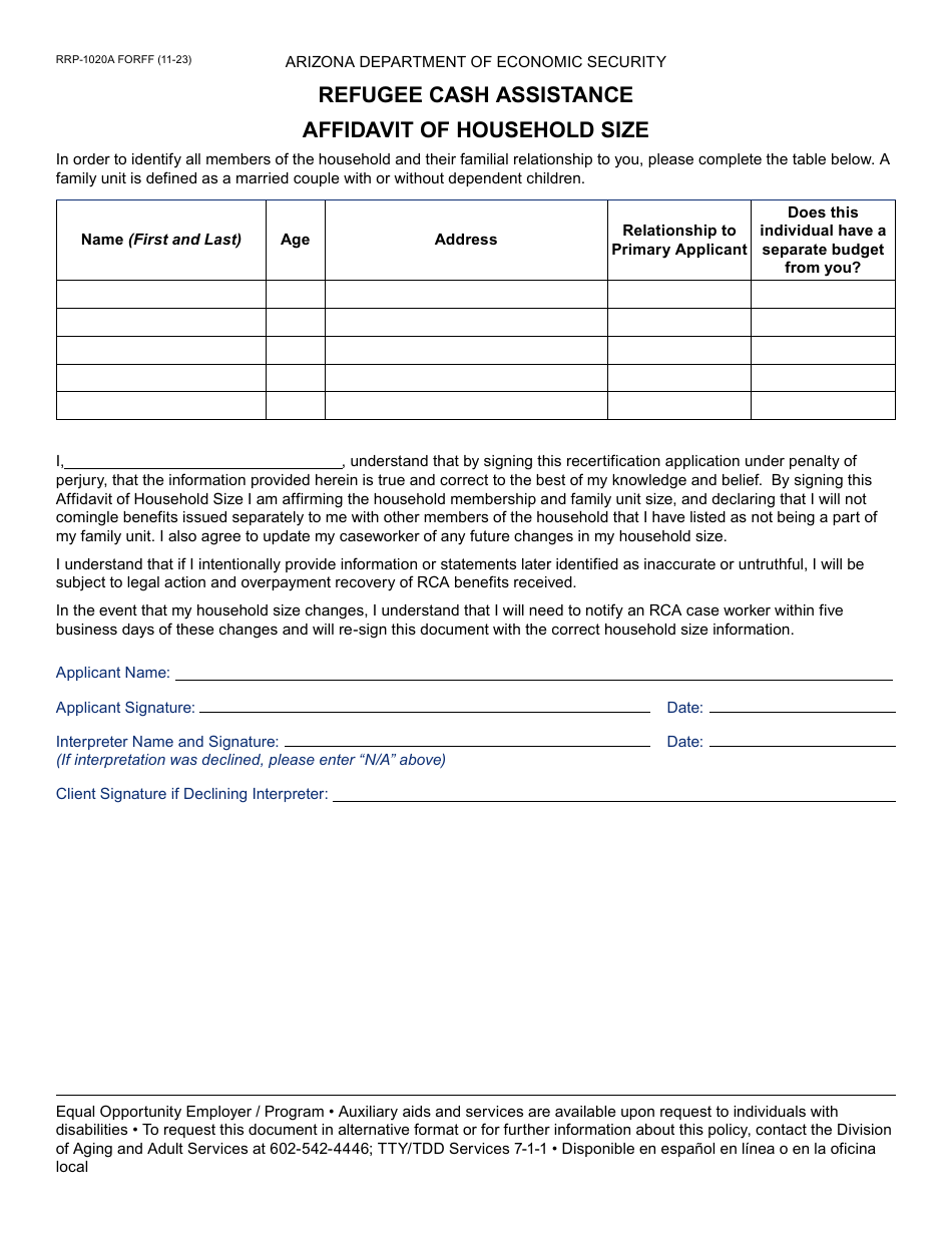 Form RRP-1020A Refugee Cash Assistance Affidavit of Household Size - Arizona, Page 1