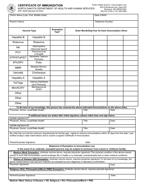 Form SFN16038 Certificate of Immunization - North Dakota