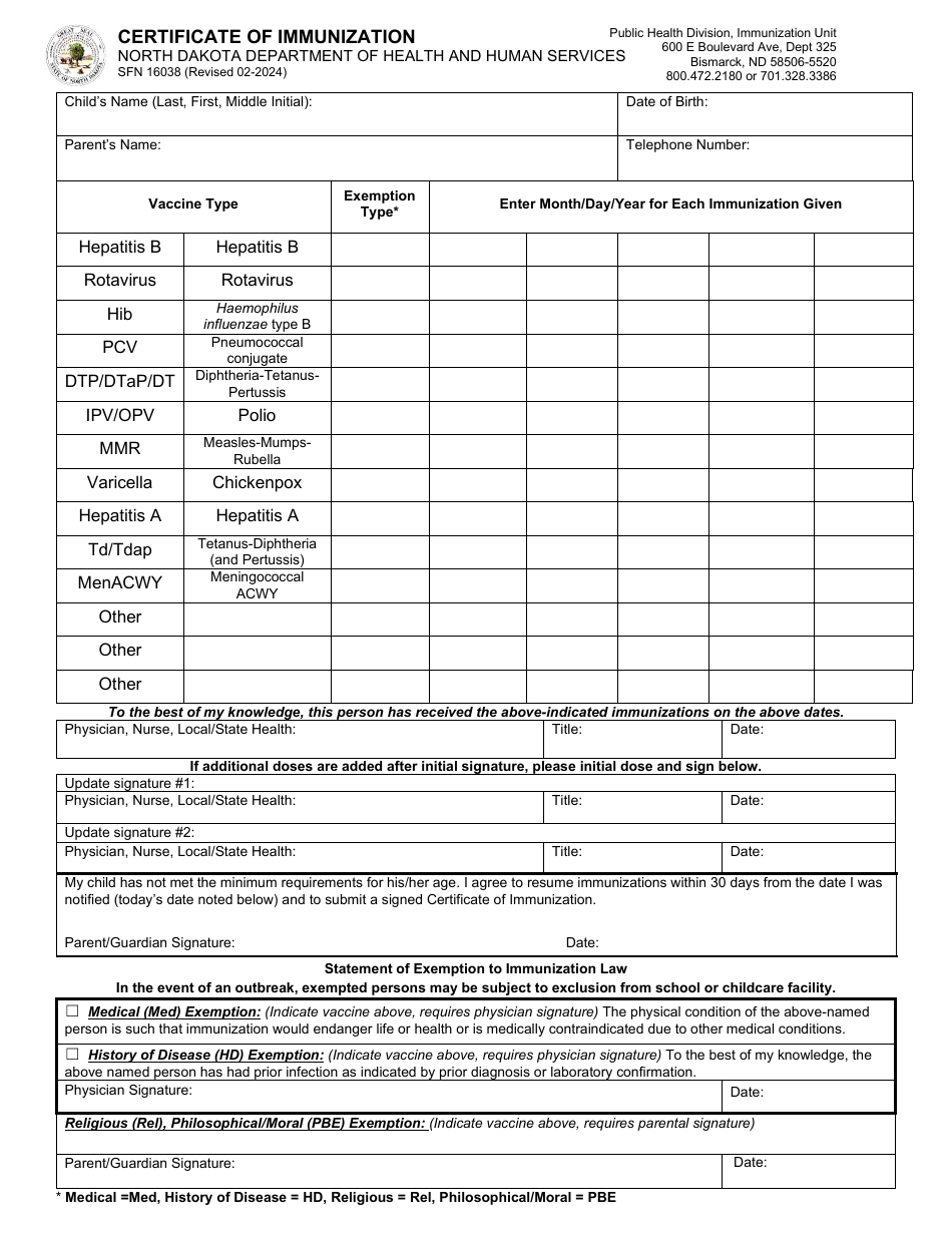 Form SFN16038 Certificate of Immunization - North Dakota, Page 1