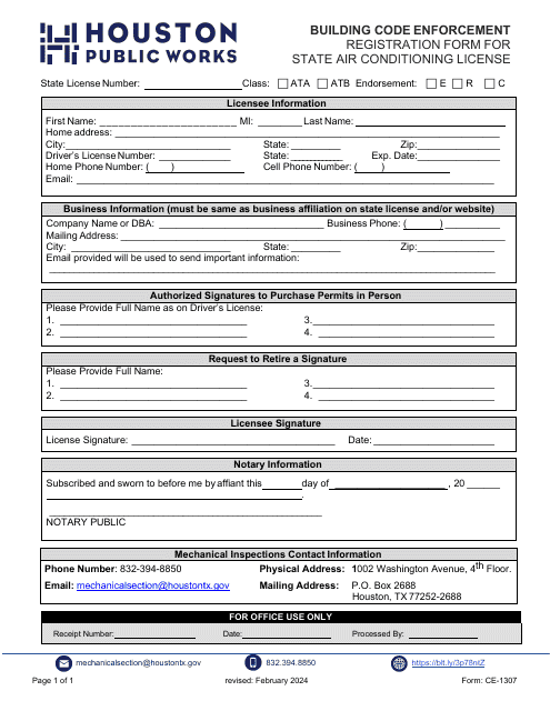 Form CE-1307 Registration Form for State Air Conditioning License - City of Houston, Texas
