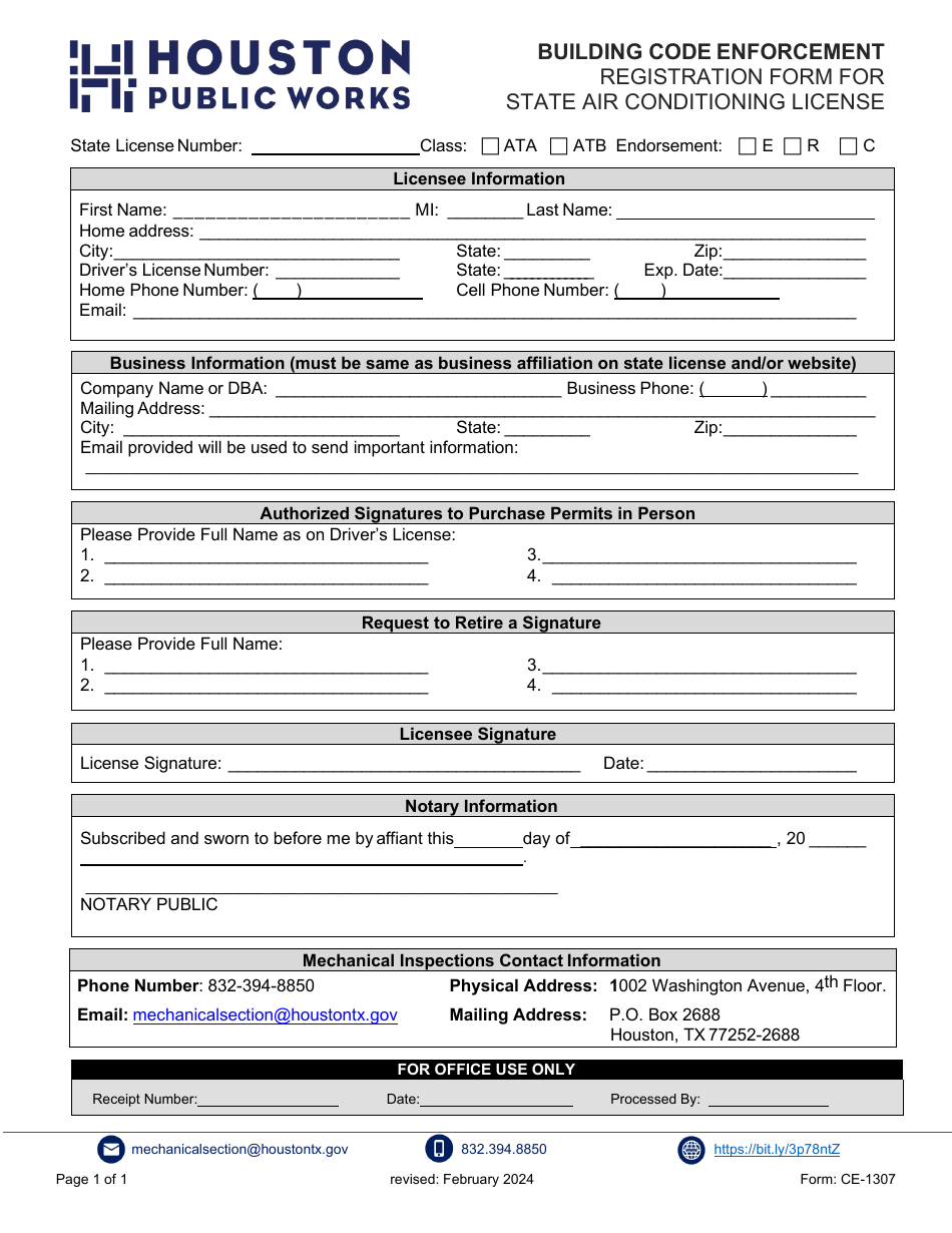 Form CE-1307 Registration Form for State Air Conditioning License - City of Houston, Texas, Page 1