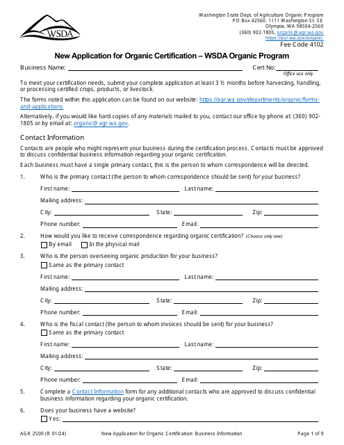 Form AGR2500 New Application for Organic Certification - Wsda Organic Program - Washington