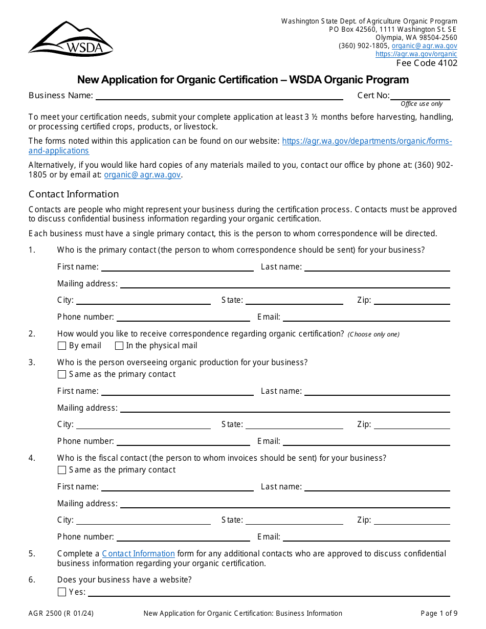 Form AGR2500 New Application for Organic Certification - Wsda Organic Program - Washington, Page 1
