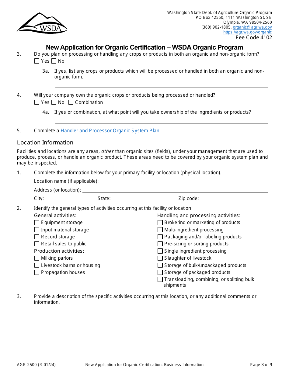 Form AGR2500 New Application for Organic Certification - Wsda Organic Program - Washington, Page 3