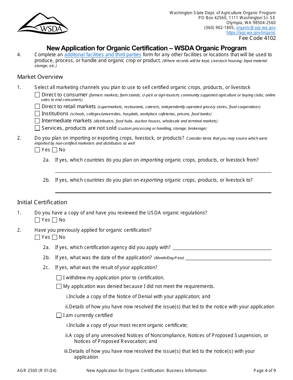 Form AGR2500 New Application for Organic Certification - Wsda Organic Program - Washington, Page 4
