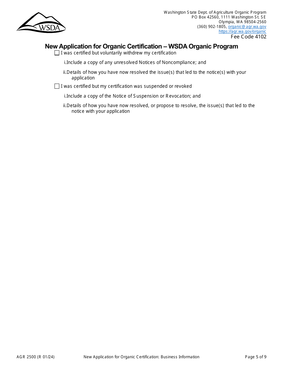 Form AGR2500 New Application for Organic Certification - Wsda Organic Program - Washington, Page 5