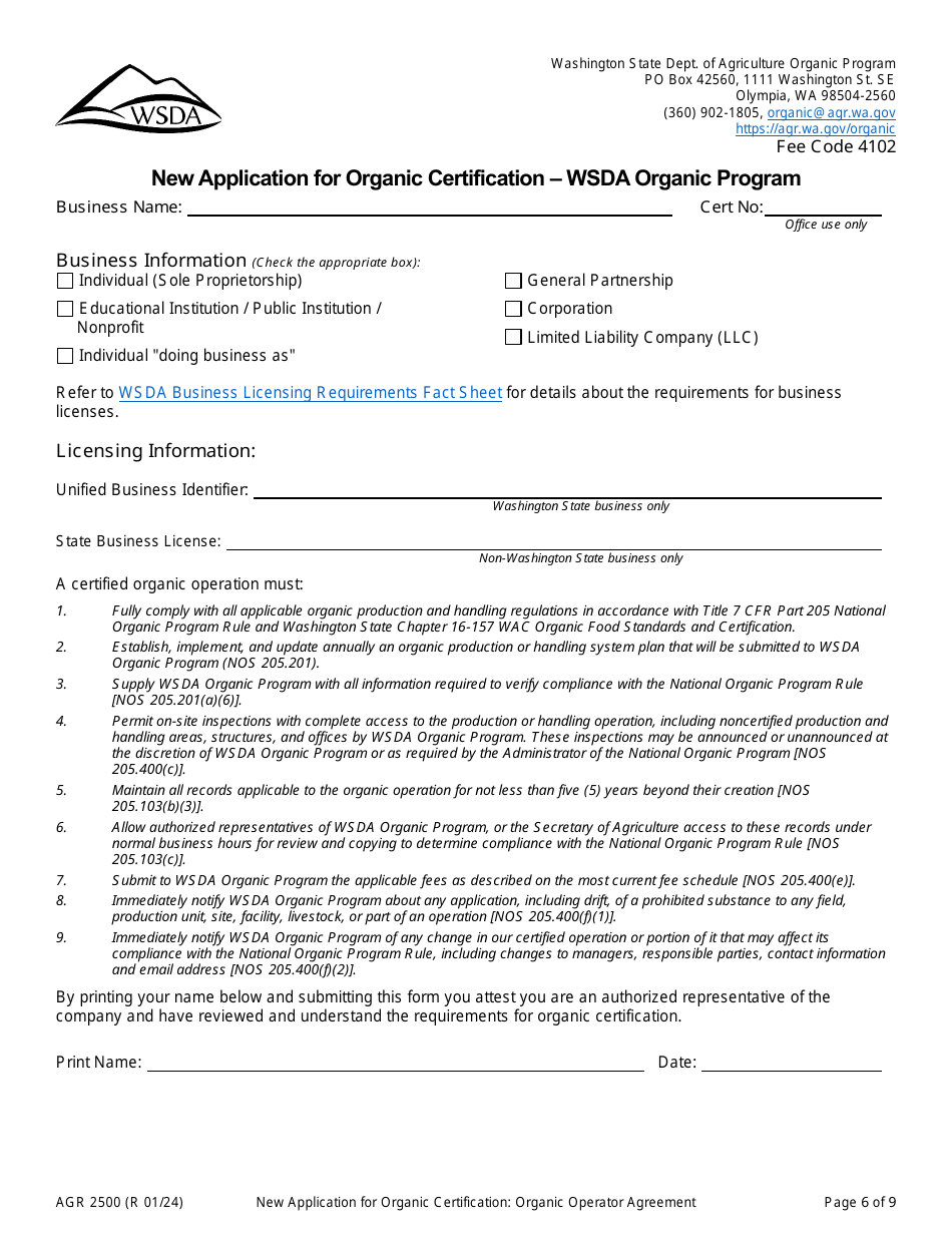Form AGR2500 New Application for Organic Certification - Wsda Organic Program - Washington, Page 6