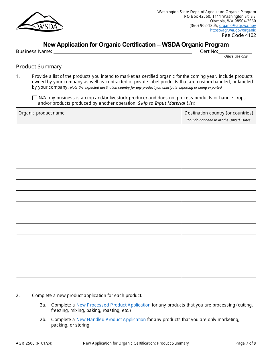 Form AGR2500 New Application for Organic Certification - Wsda Organic Program - Washington, Page 7