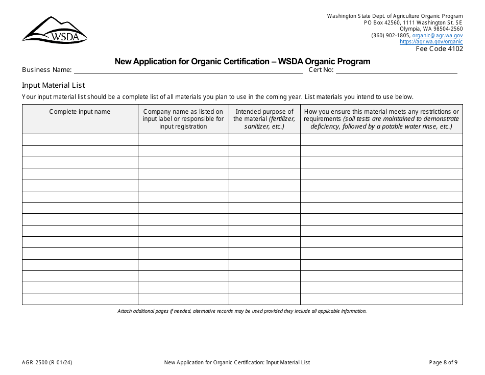 Form AGR2500 New Application for Organic Certification - Wsda Organic Program - Washington, Page 8