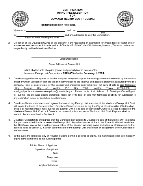 Certification Impact Fee Exemption for Low and Medium Cost Housing - City of Houston, Texas