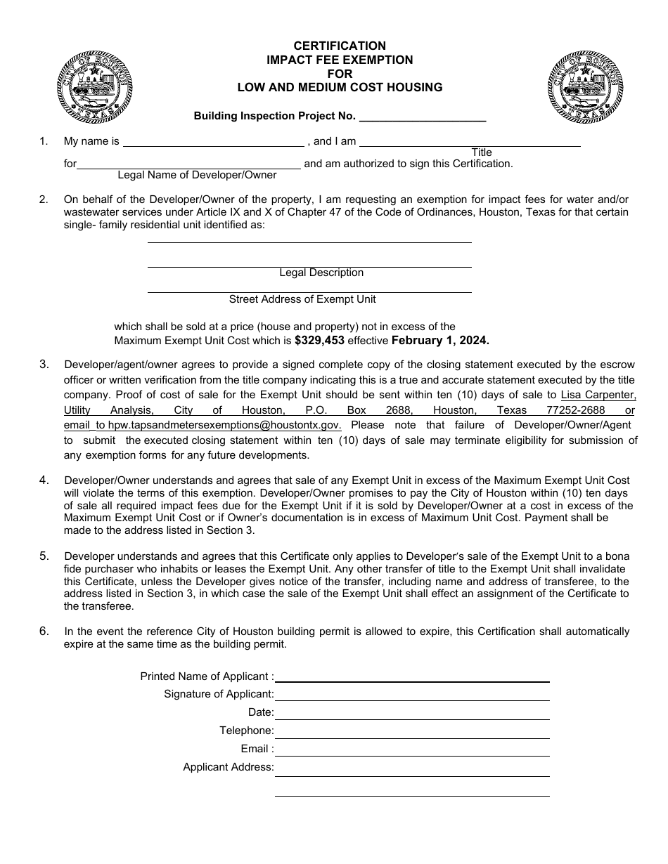 Certification Impact Fee Exemption for Low and Medium Cost Housing - City of Houston, Texas, Page 1