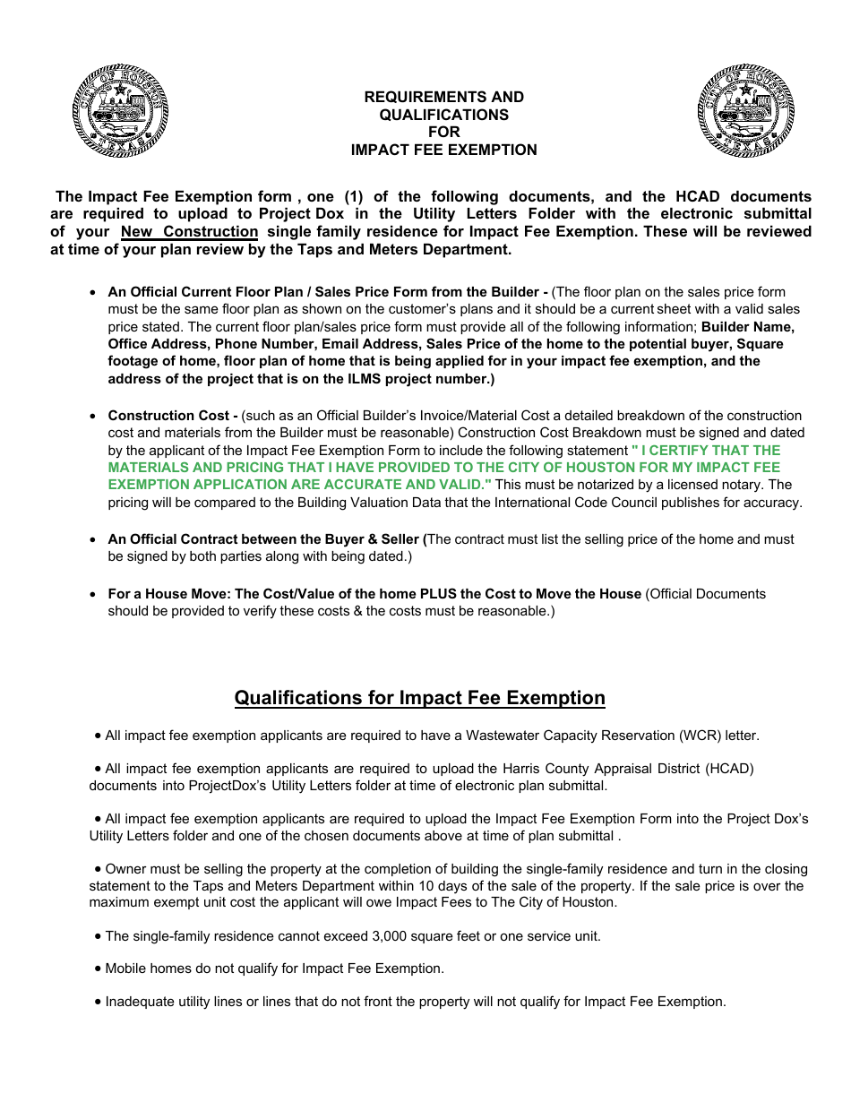 Certification Impact Fee Exemption for Low and Medium Cost Housing - City of Houston, Texas, Page 2