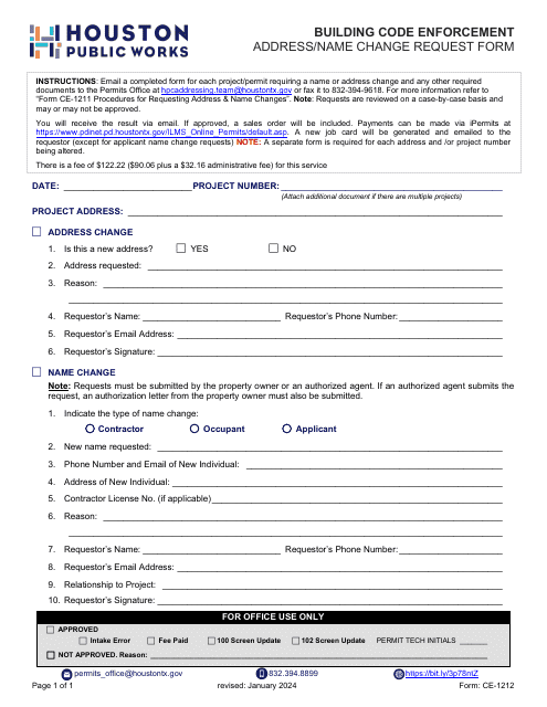 Form CE-1212 Address/Name Change Request Form - City of Houston, Texas