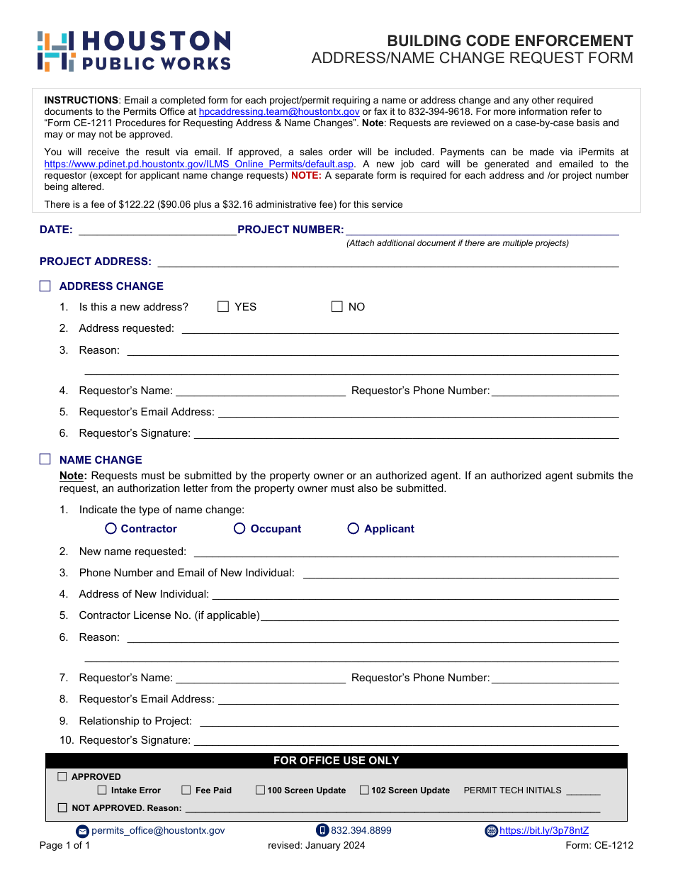 Form CE-1212 Address / Name Change Request Form - City of Houston, Texas, Page 1
