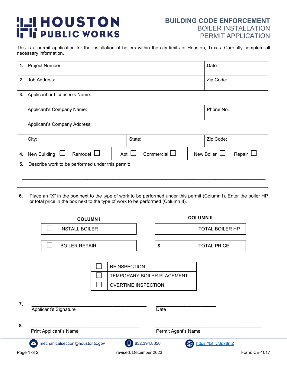 Form CE-1016 Boiler Installation Permit Application - City of Houston, Texas, Page 1