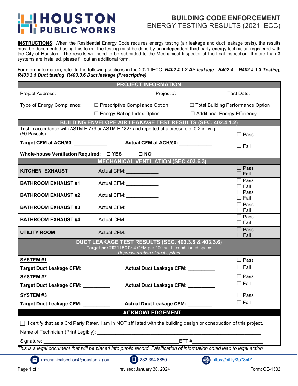 Form CE-1302 Energy Testing Results (2021 Iecc) - City of Houston, Texas, Page 1