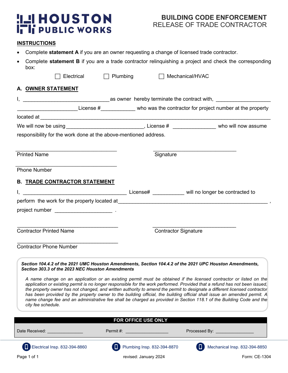 Form CE-1304 Release of Trade Contractor - City of Houston, Texas, Page 1