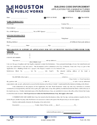 Document preview: Form CE-1184 Application for a Manufactured Home Park License - City of Houston, Texas