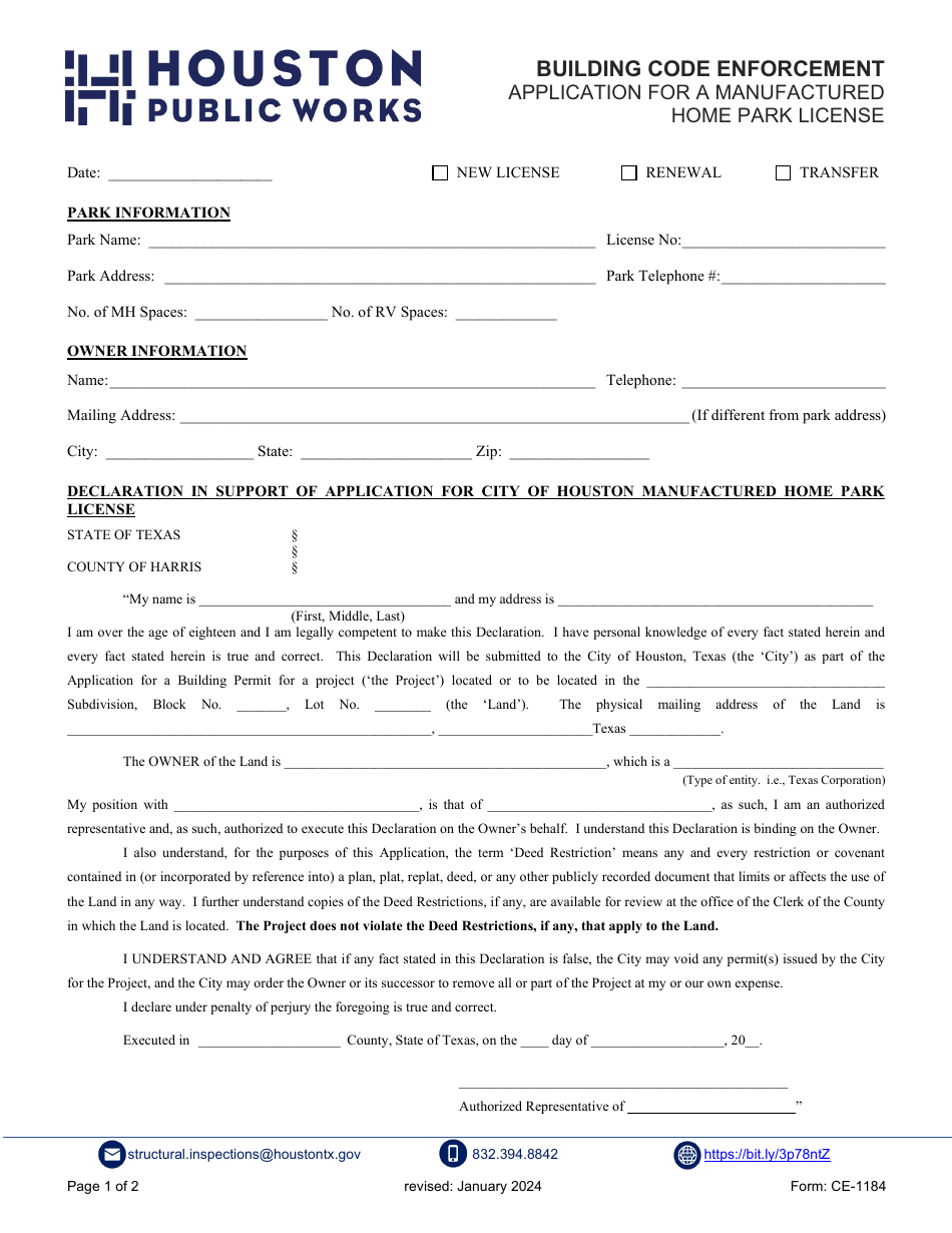 Form CE-1184 Application for a Manufactured Home Park License - City of Houston, Texas, Page 1