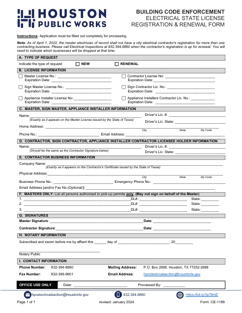Form CE-1189 Electrical State License Registration and Renewal Form - City of Houston, Texas