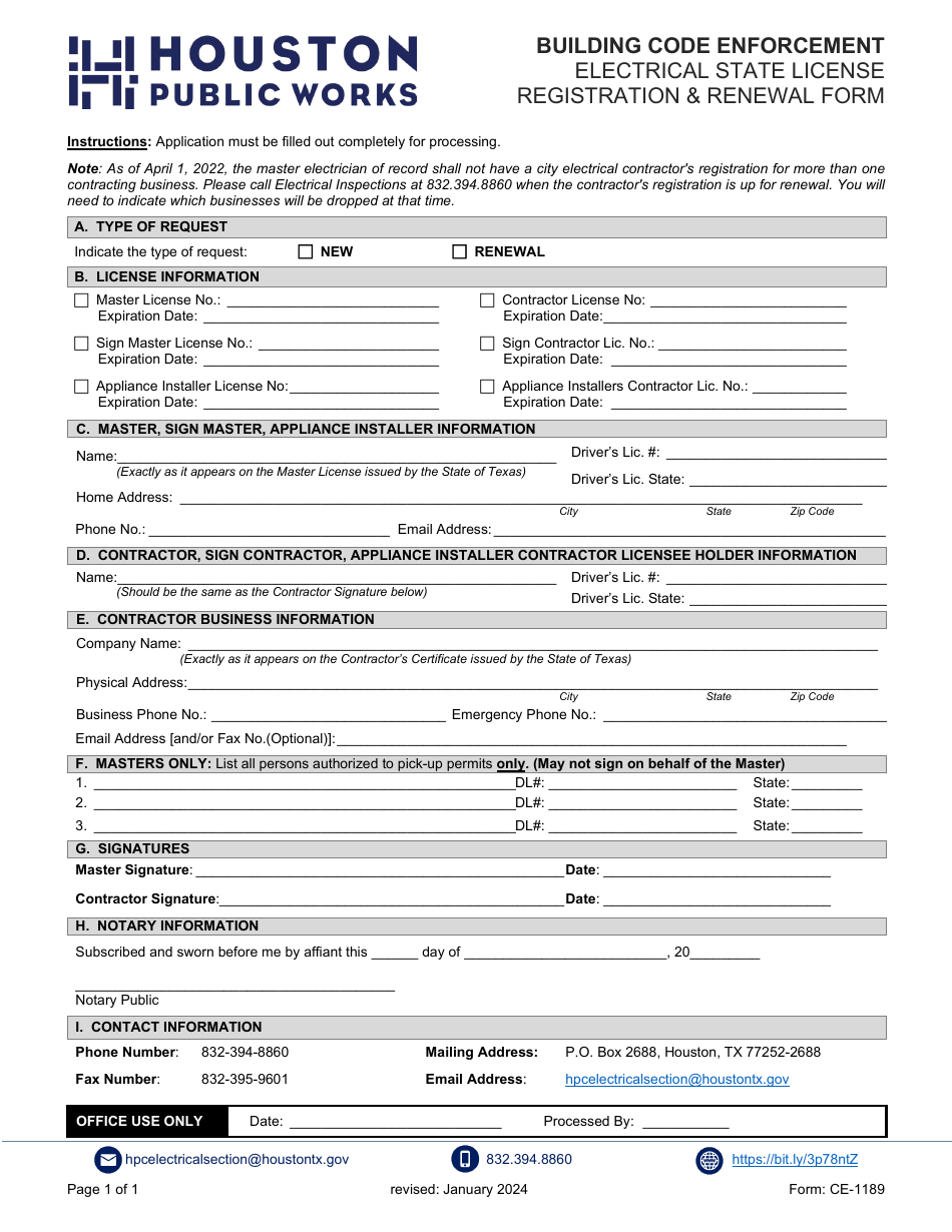 Form CE-1189 Electrical State License Registration and Renewal Form - City of Houston, Texas, Page 1