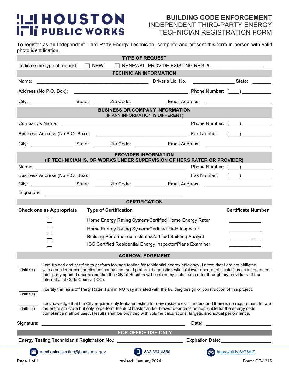 Form CE-1216 Independent Third-Party Energy Technician Registration Form - City of Houston, Texas, Page 1