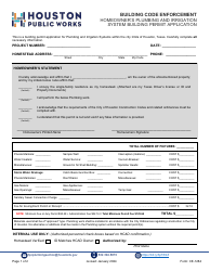 Document preview: Form CE-1284 Homeowner's Plumbing and Irrigation System Building Permit Application - City of Houston, Texas
