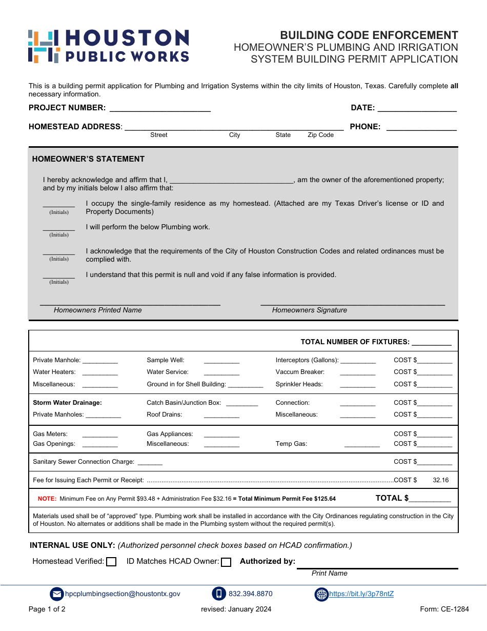 Form CE-1284 Homeowners Plumbing and Irrigation System Building Permit Application - City of Houston, Texas, Page 1