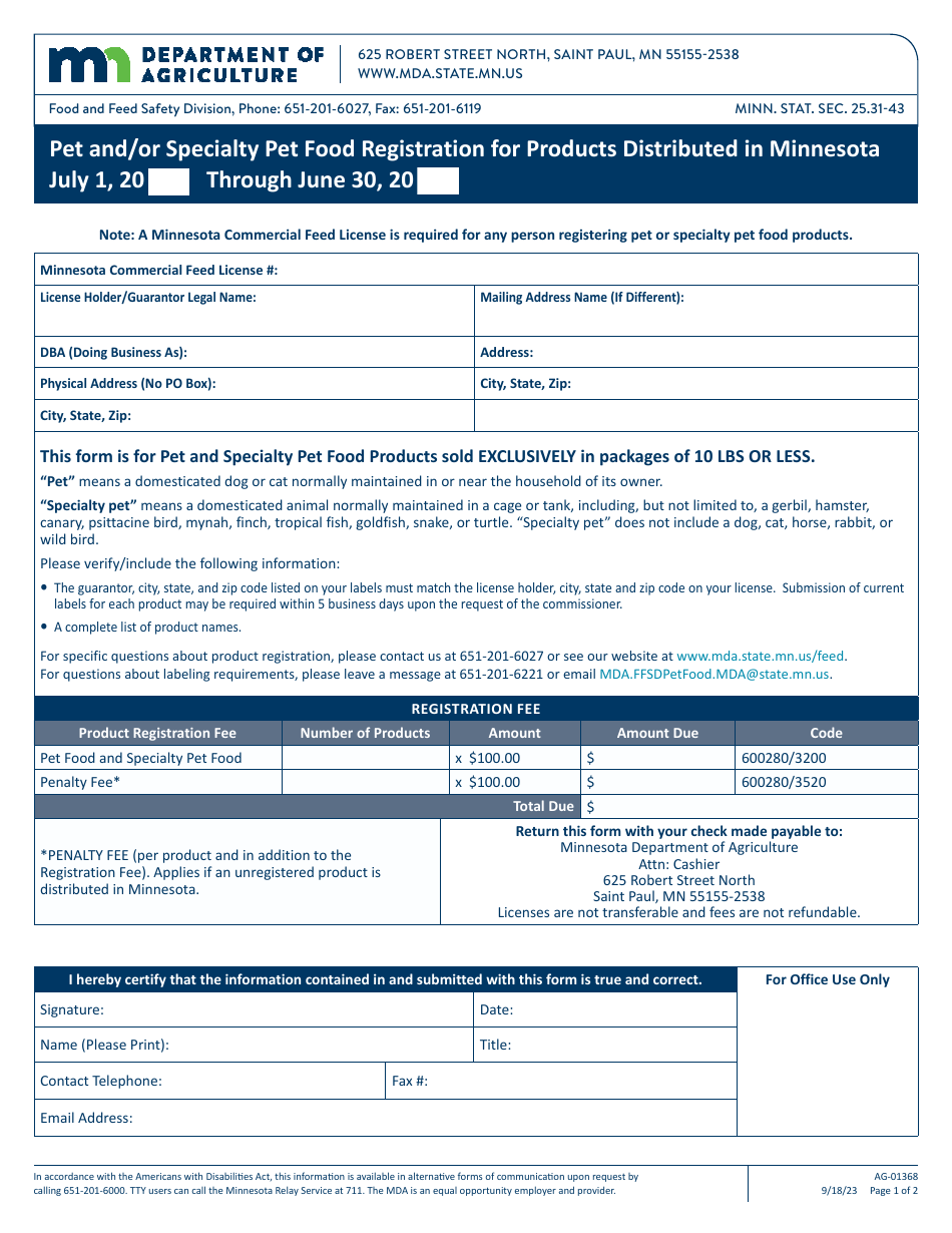 Form AG-01368 Pet and / or Specialty Pet Food Registration for Products Distributed in Minnesota - Minnesota, Page 1