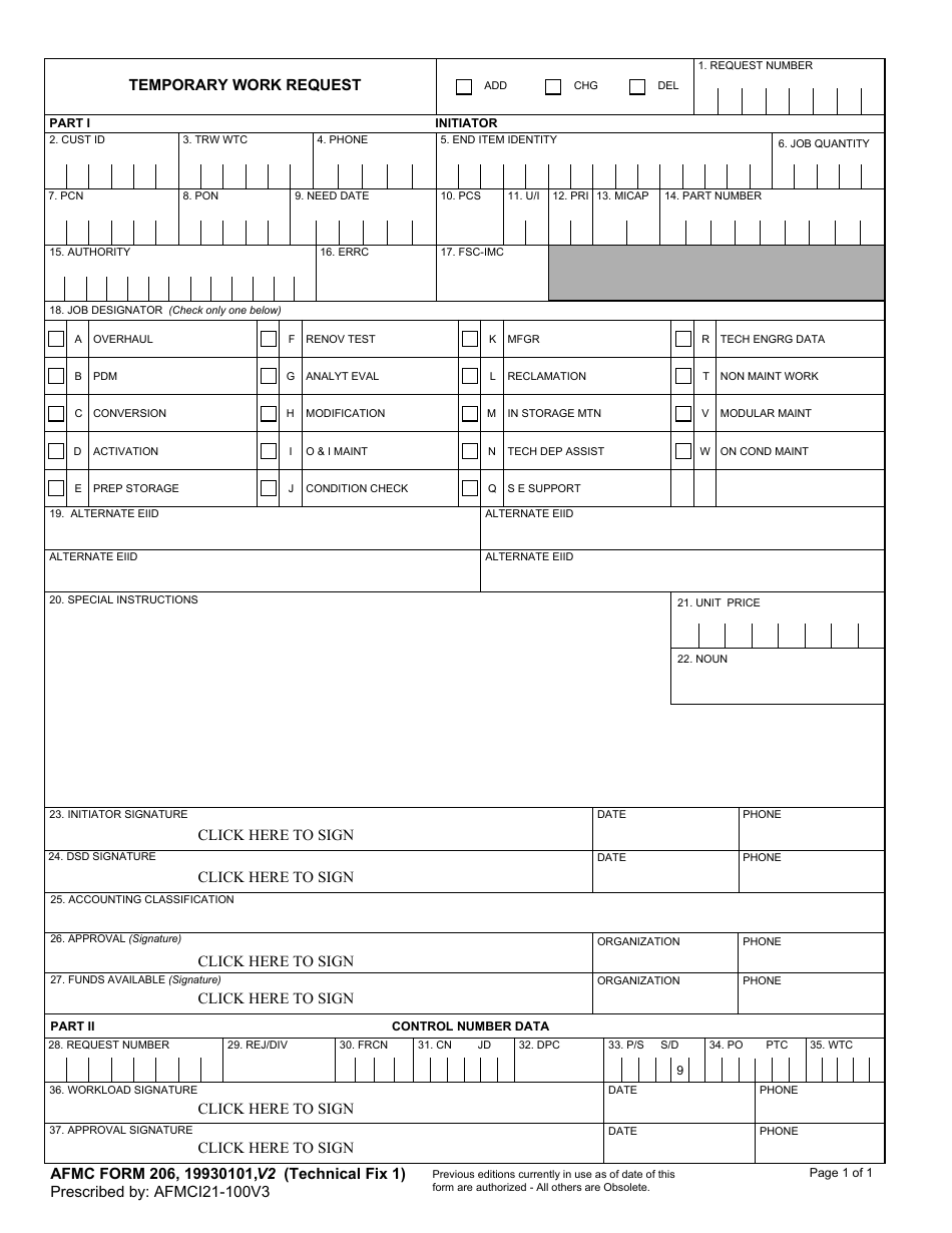 AFMC Form 206 Temporary Work Request, Page 1