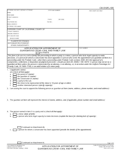 Form CIV-010 (FL-935) Application for Appointment of Guardian Ad Litem - Civil and Family Law - California