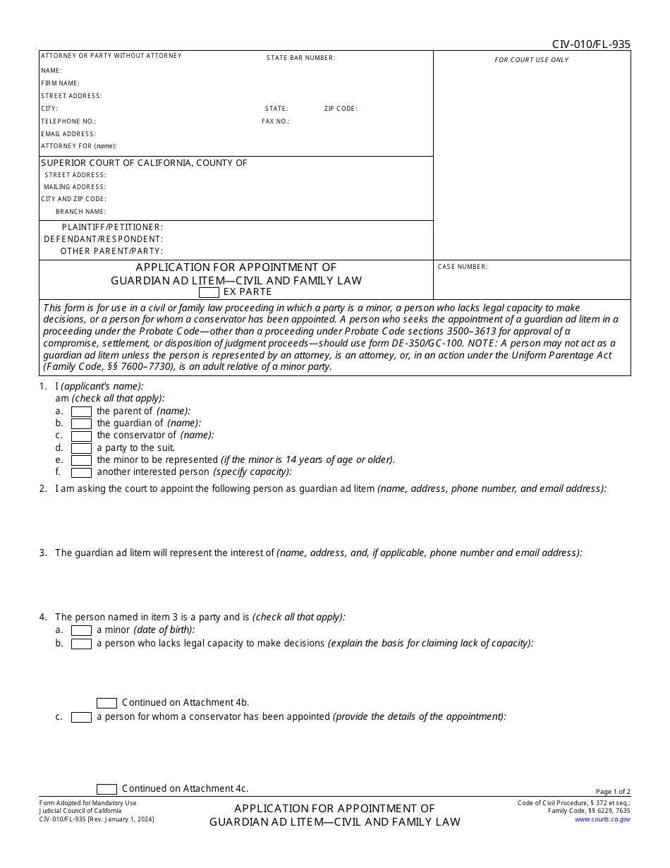Form CIV-010 (FL-935) Application for Appointment of Guardian Ad Litem - Civil and Family Law - California, Page 1
