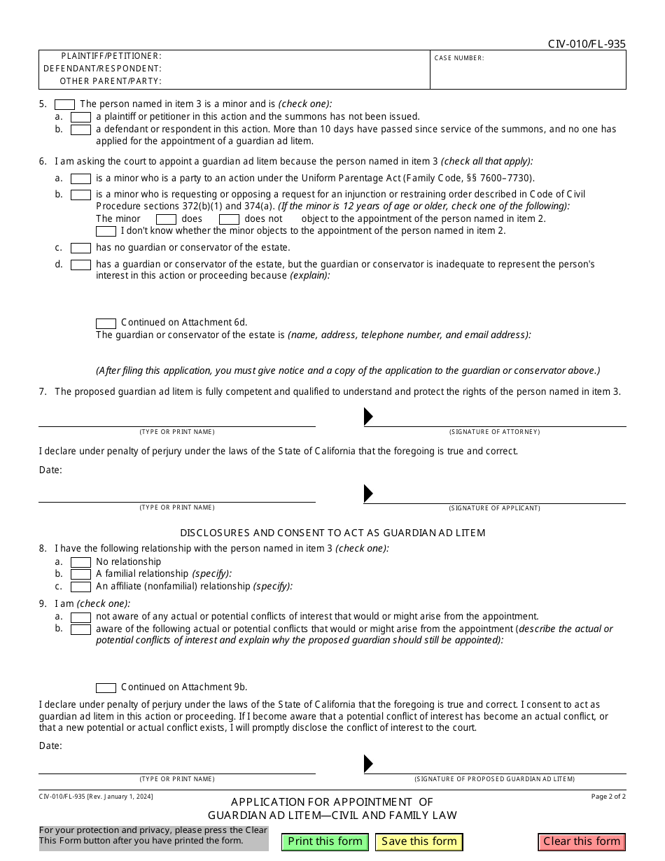 Form CIV-010 (FL-935) Application for Appointment of Guardian Ad Litem - Civil and Family Law - California, Page 2