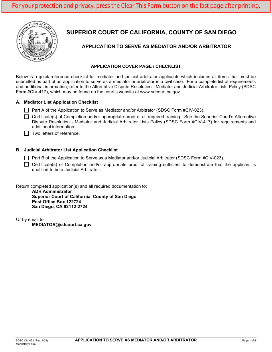 Form SDSC CIV-023 Application to Serve as Mediator and / or Arbitrator - County of San Diego, California, Page 1