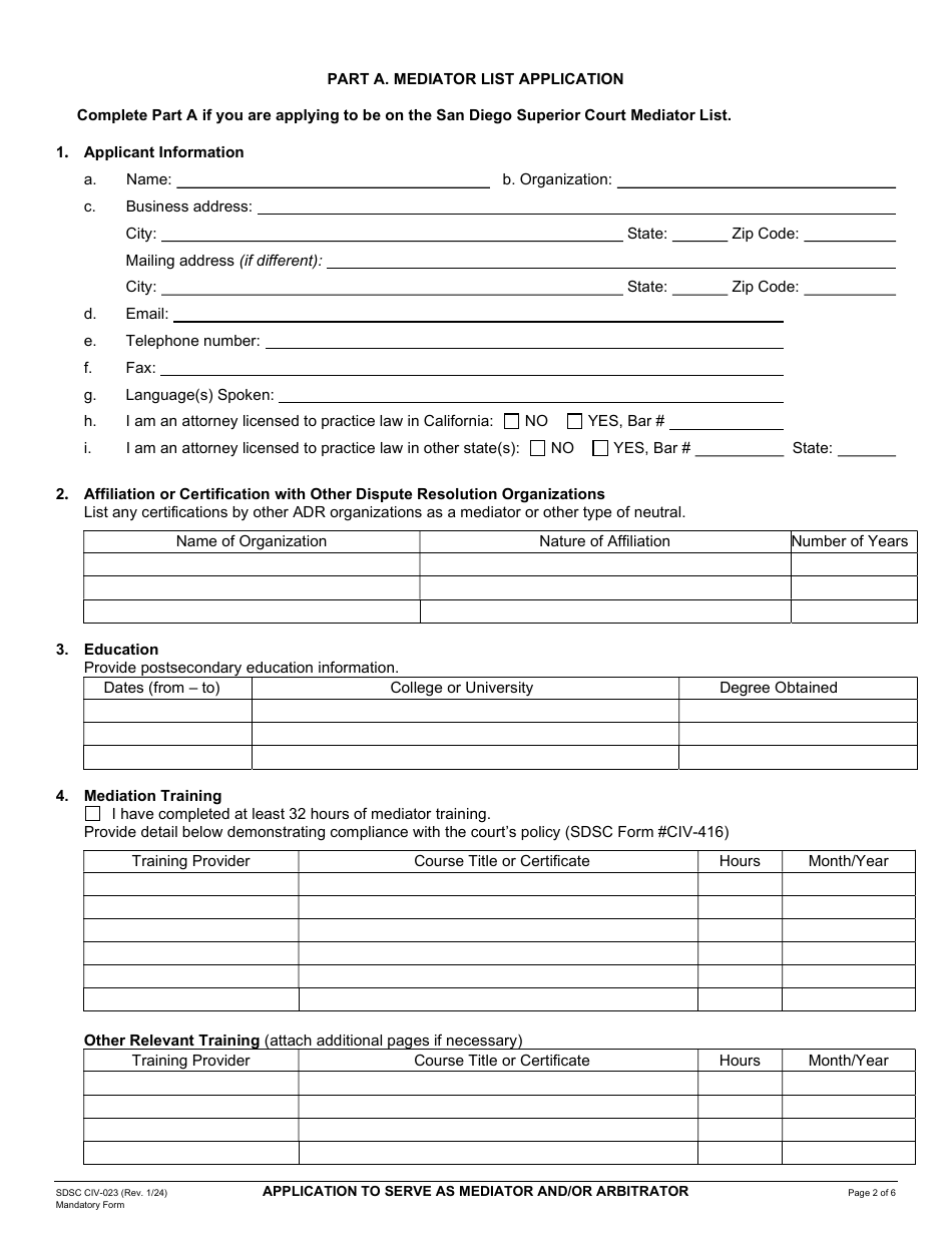 Form SDSC CIV-023 Application to Serve as Mediator and / or Arbitrator - County of San Diego, California, Page 2