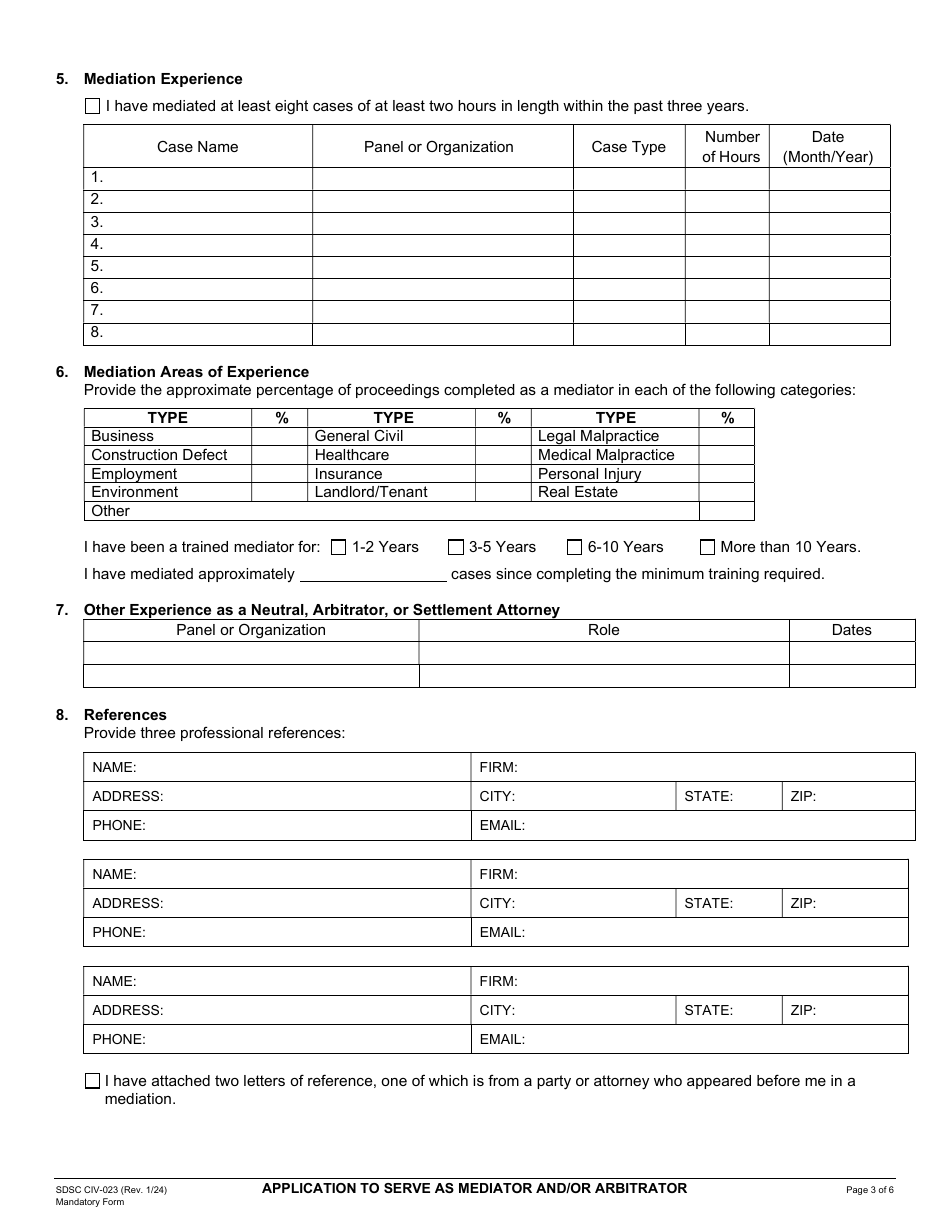 Form SDSC CIV-023 Application to Serve as Mediator and / or Arbitrator - County of San Diego, California, Page 3