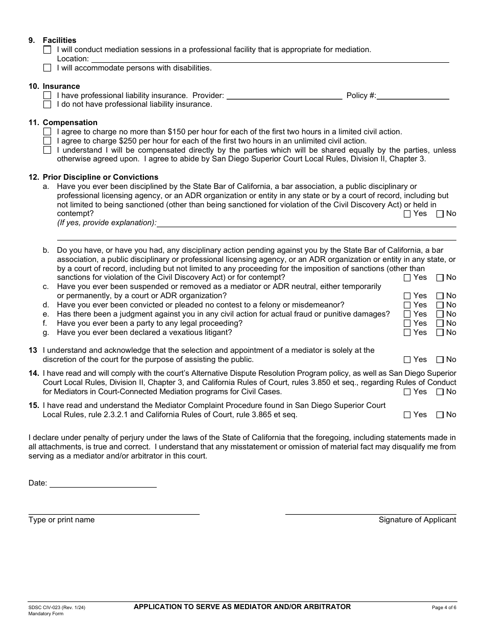 Form SDSC CIV-023 Application to Serve as Mediator and / or Arbitrator - County of San Diego, California, Page 4
