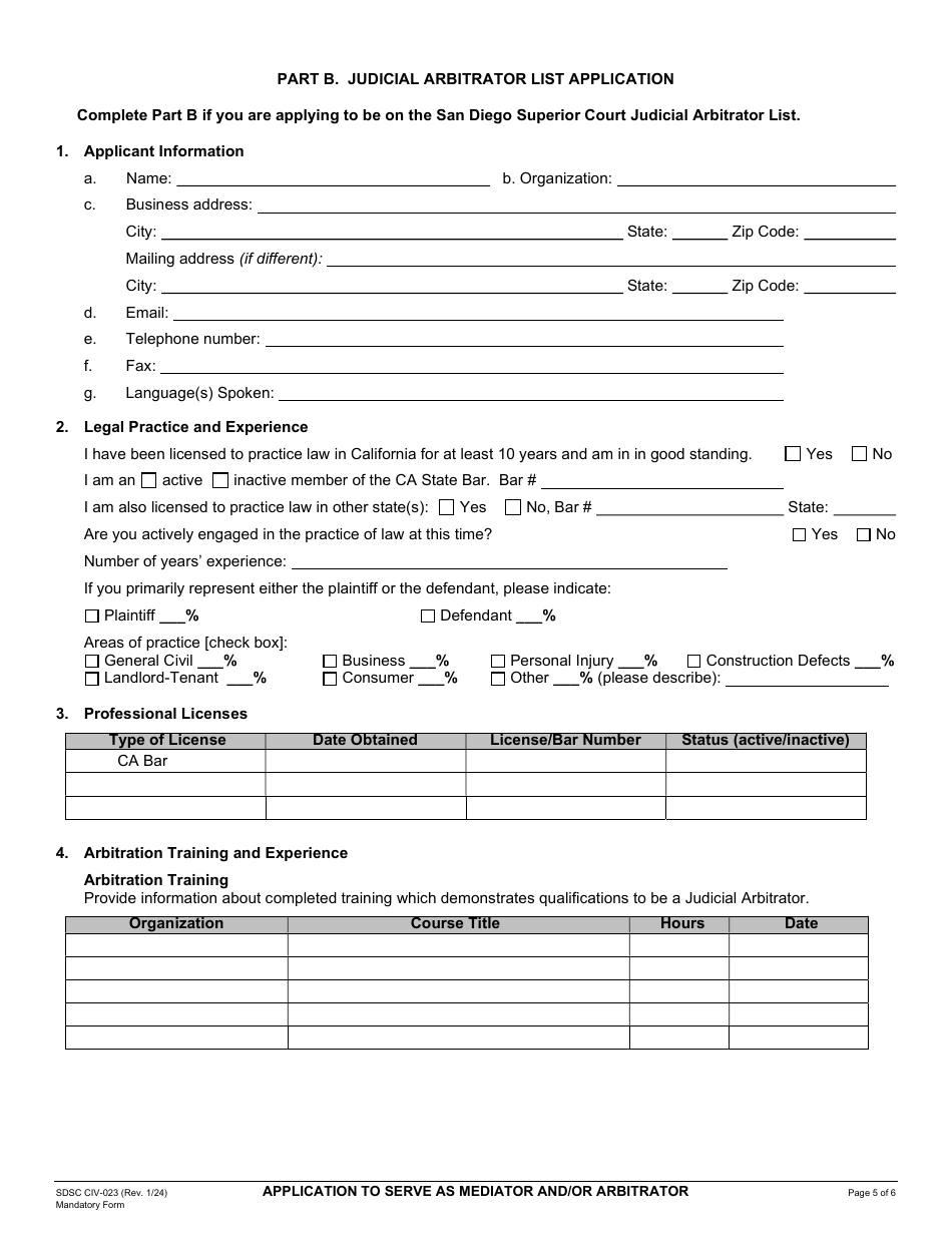 Form SDSC CIV-023 Application to Serve as Mediator and / or Arbitrator - County of San Diego, California, Page 5