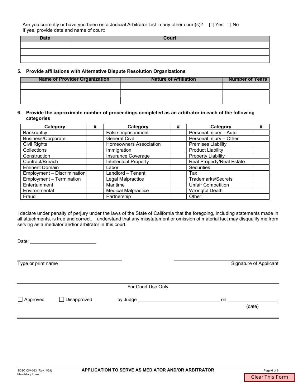 Form SDSC CIV-023 Application to Serve as Mediator and / or Arbitrator - County of San Diego, California, Page 6
