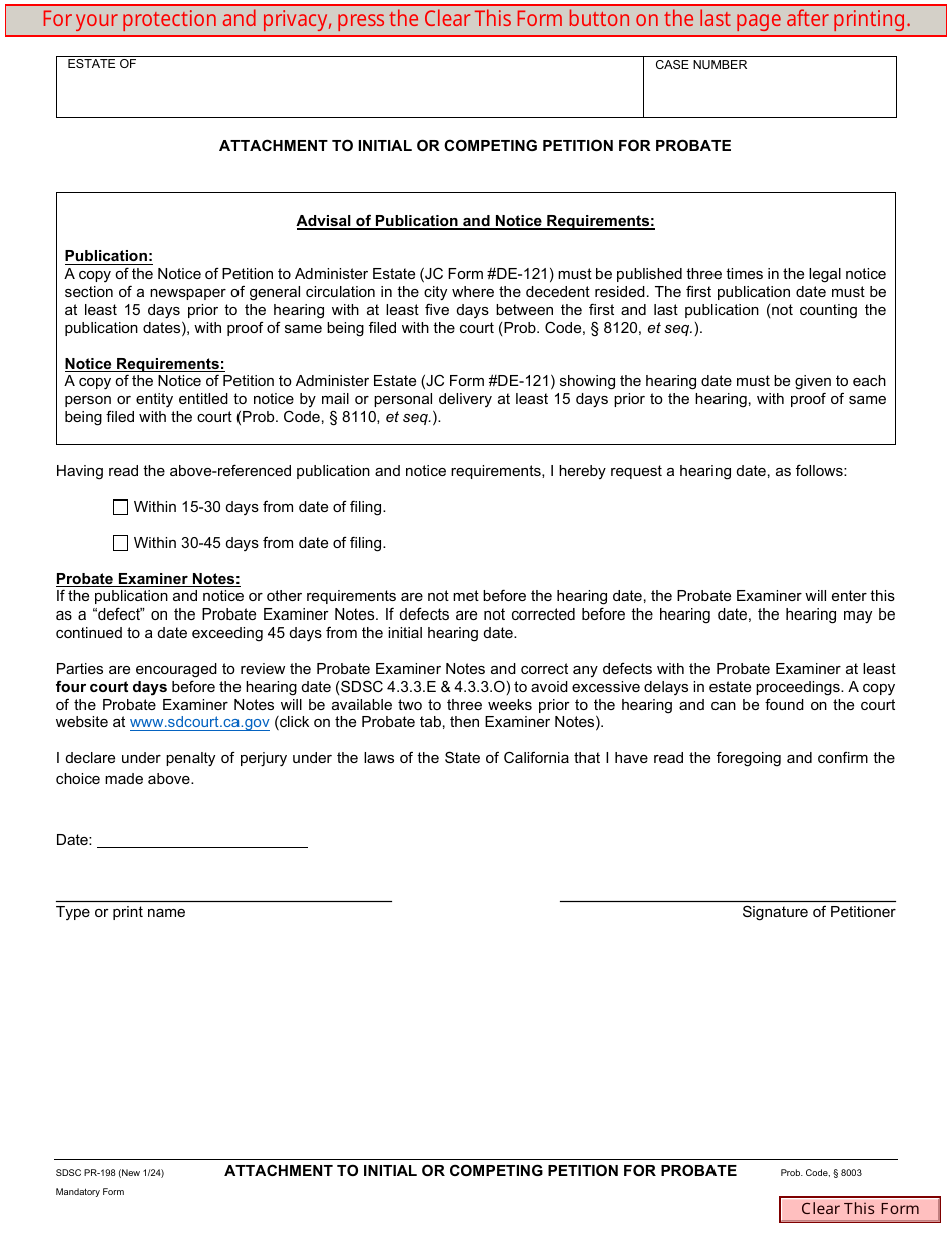 Form SDSC PR-198 Attachment to Initial or Competing Petition for Probate - County of San Diego, California, Page 1