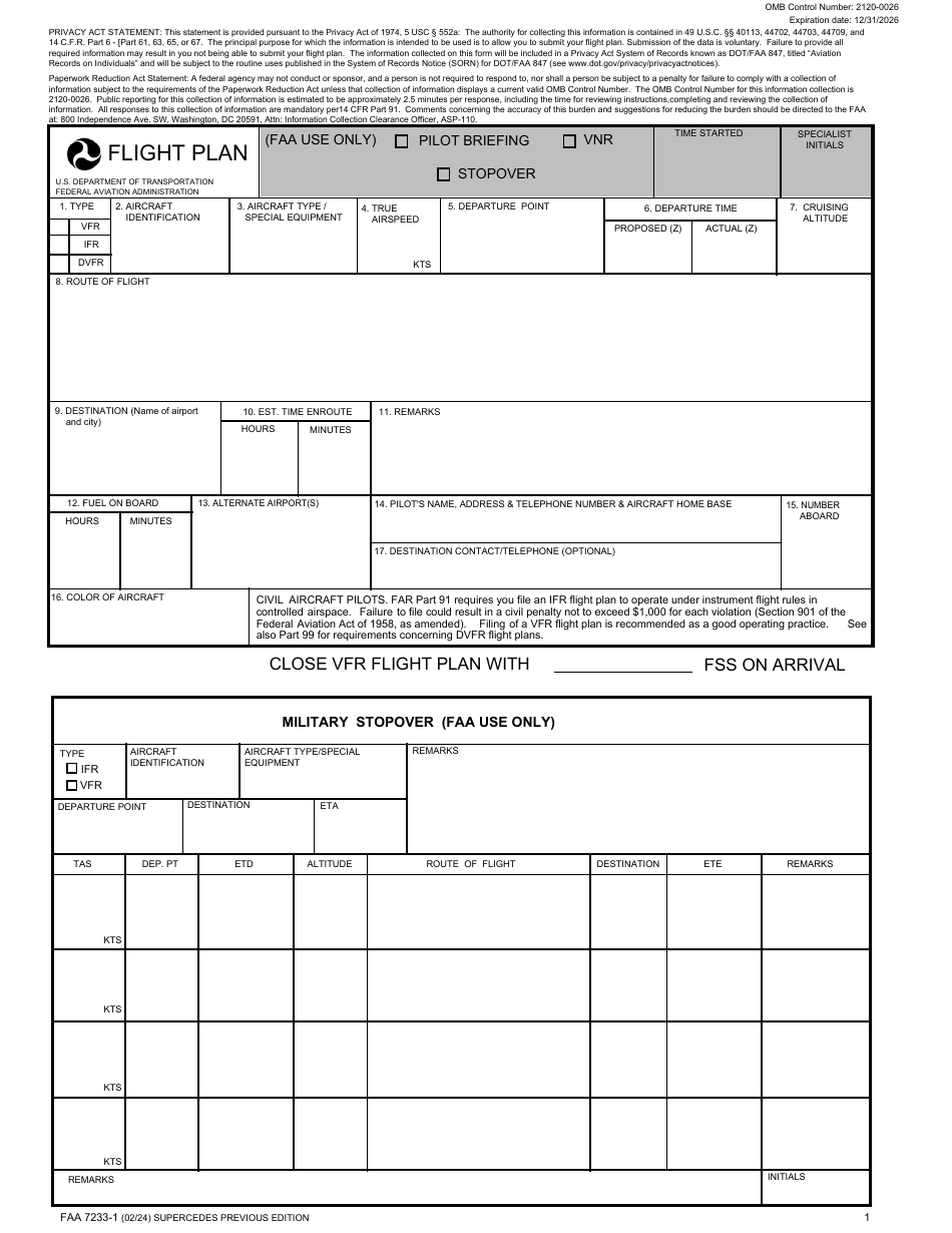 FAA Form 7233-1 Flight Plan, Page 1
