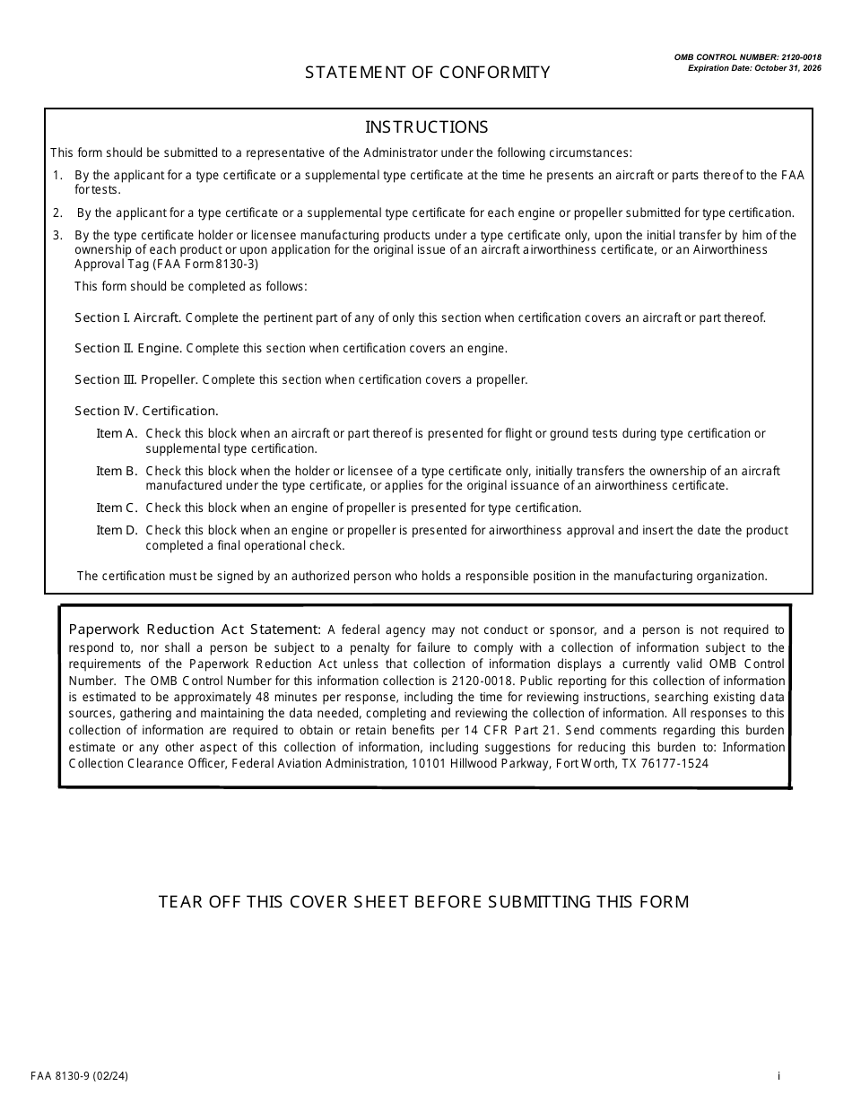 FAA Form 8130-9 Statement of Conformity, Page 1