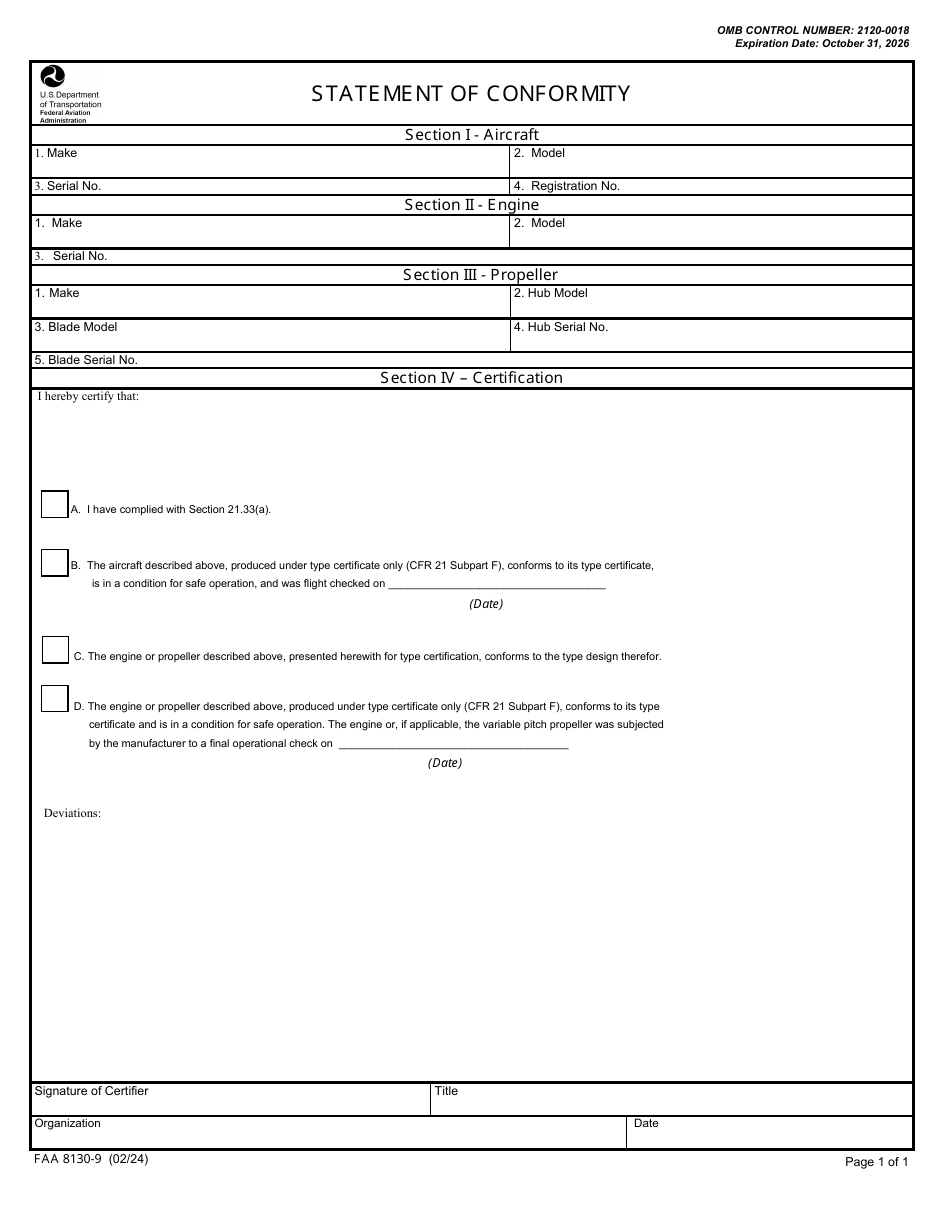 Faa Form 8130 9 Download Fillable Pdf Or Fill Online Statement Of Conformity 2020 — 2024 1920