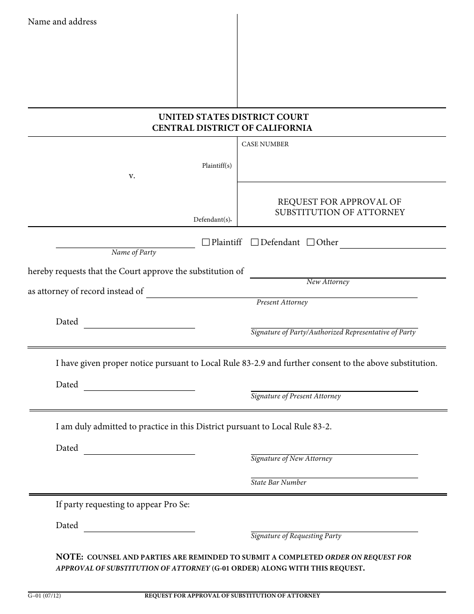 Form G-01 Request for Approval of Substitution of Attorney - California, Page 1