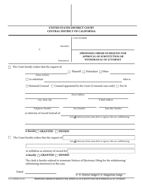 Form G-01 ORDER (Proposed) Order on Request for Approval of Substitution or Withdrawal of Attorney - California