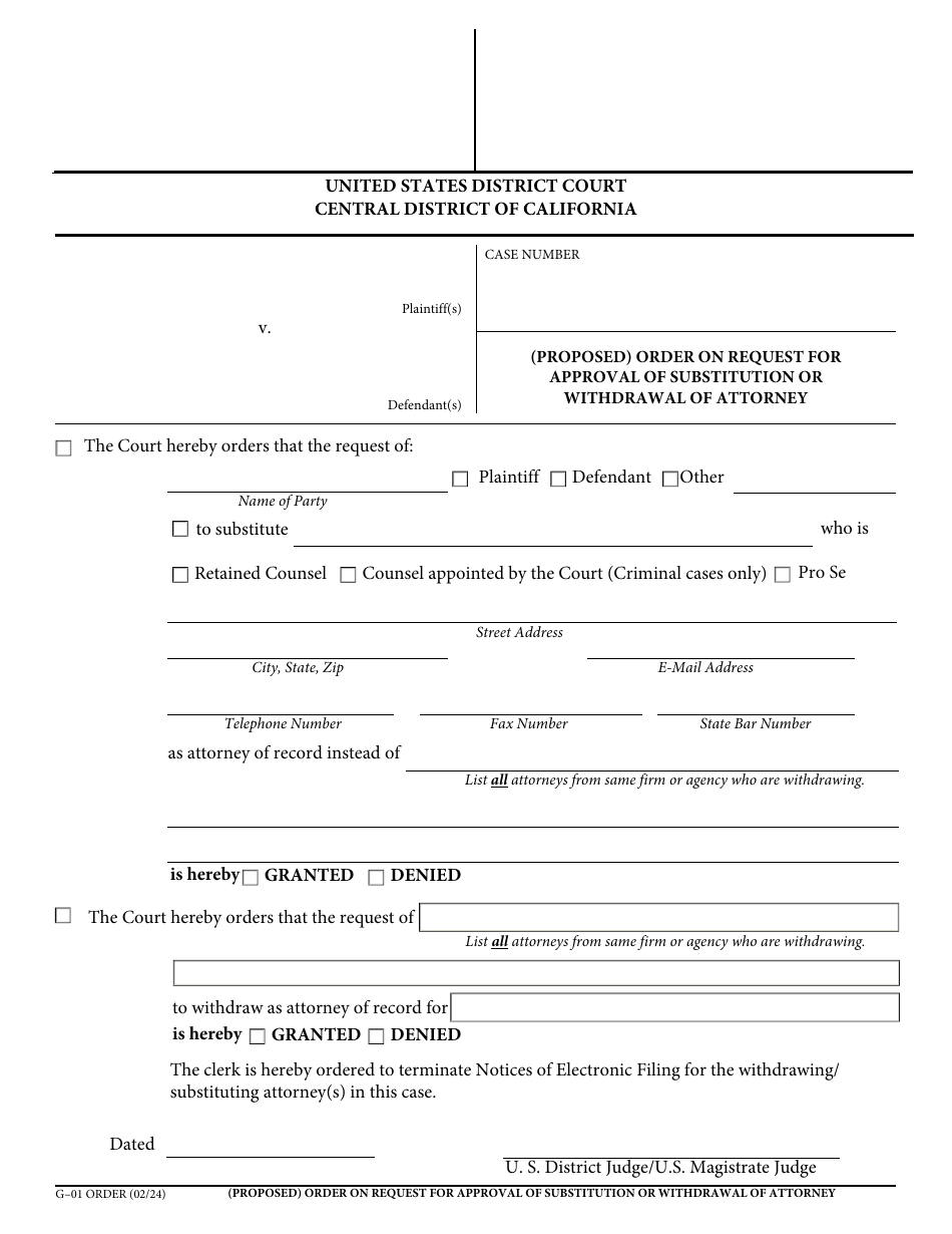 Form G-01 ORDER (Proposed) Order on Request for Approval of Substitution or Withdrawal of Attorney - California, Page 1
