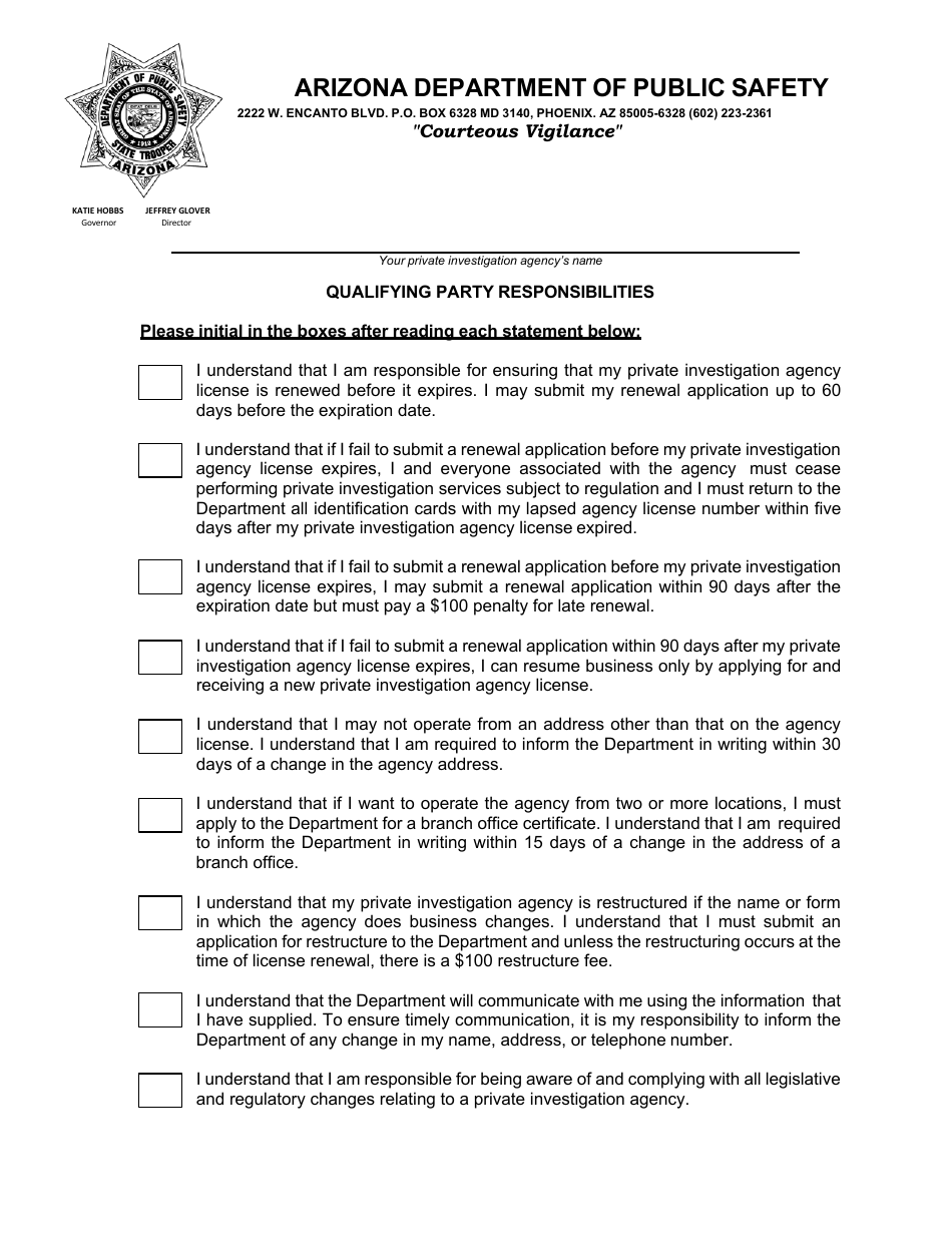 Private Investigation Agency Renewal Responsibilities - Arizona, Page 1