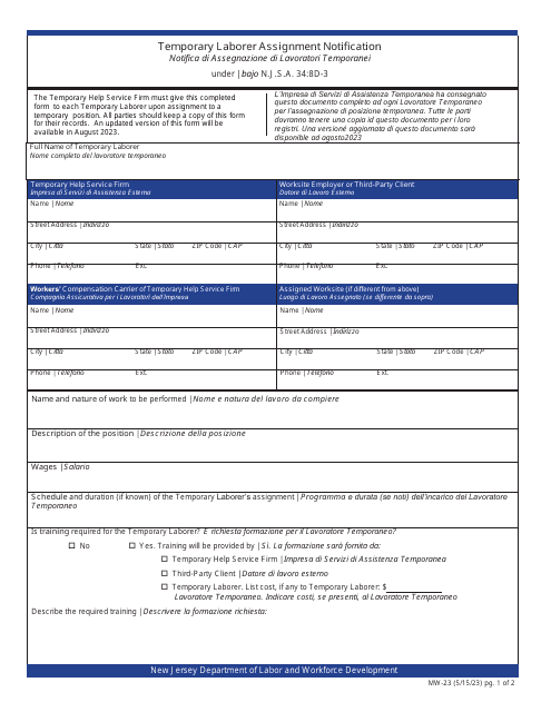 Form MW-23 Temporary Laborer Assignment Notification - New Jersey (English/Italian)