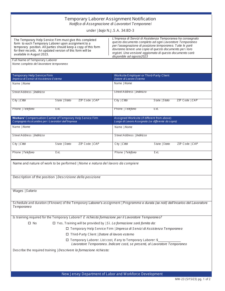 Form MW-23 Temporary Laborer Assignment Notification - New Jersey (English / Italian), Page 1