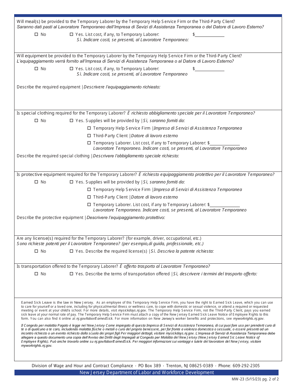 Form MW-23 Temporary Laborer Assignment Notification - New Jersey (English / Italian), Page 2